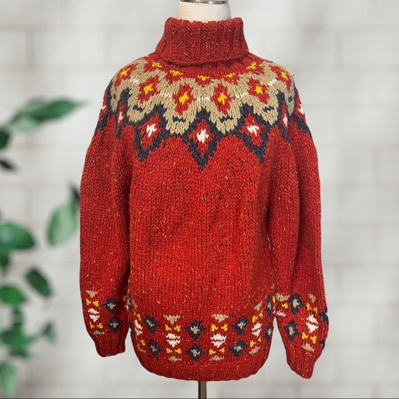 Vintage Sweaters - Vintage Hand Knit Fair Isle Red and Multi Color Wool Blend Turtleneck Sweater ML